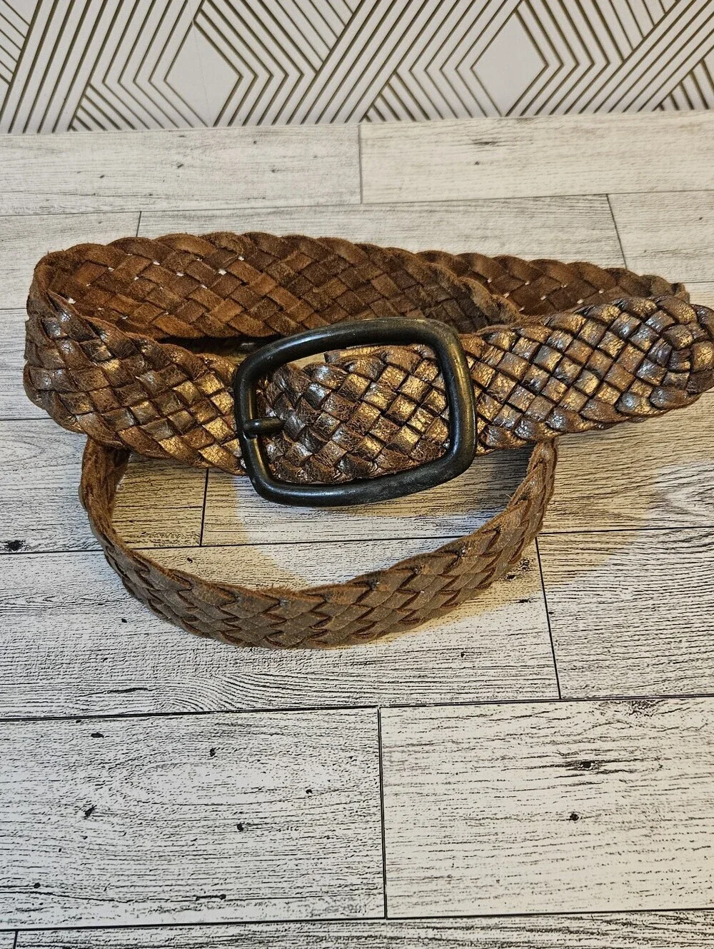 Vintage Gold Metallic Braided Leather Belt Boho 42